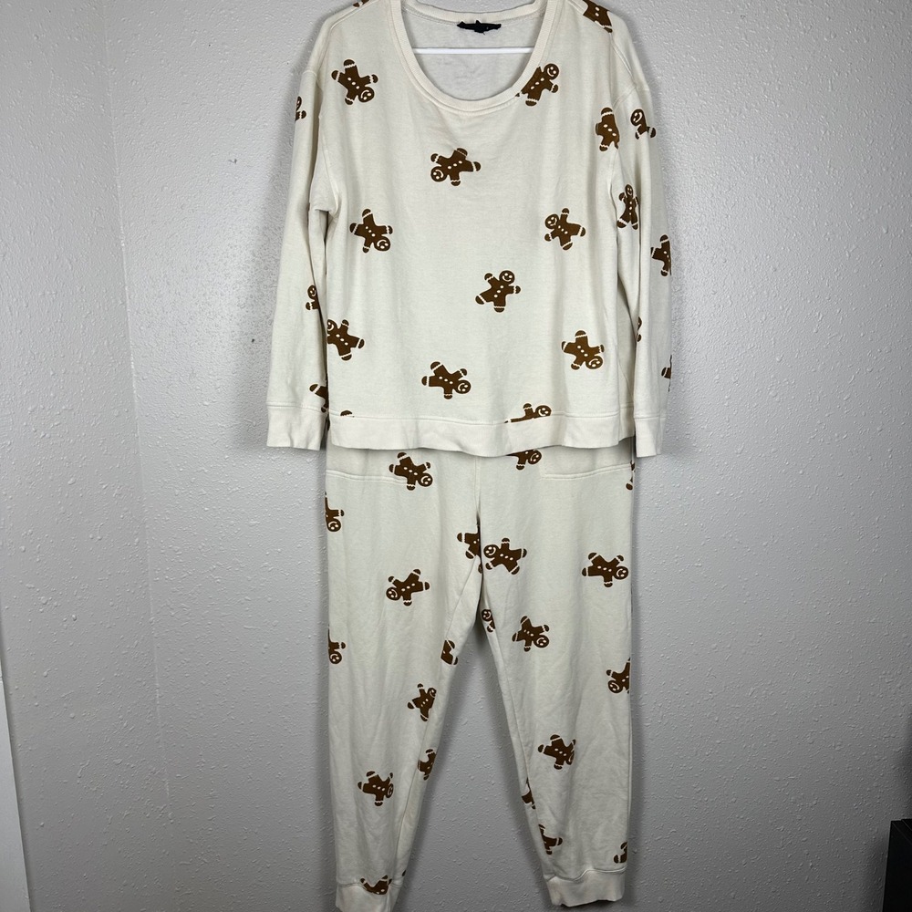 Jane + Delancey Womens L White Gingerbread Pajama Set Lounge Super Soft Holiday